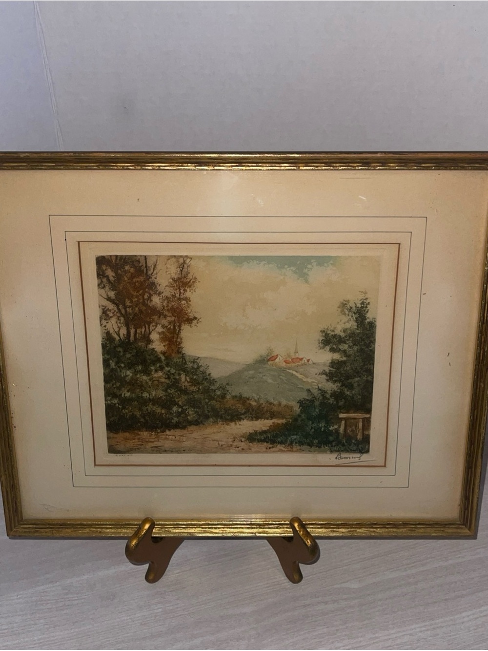 Antique Framed Etching of A Church On A Hill. Signed By Artist 1950’s Vintage